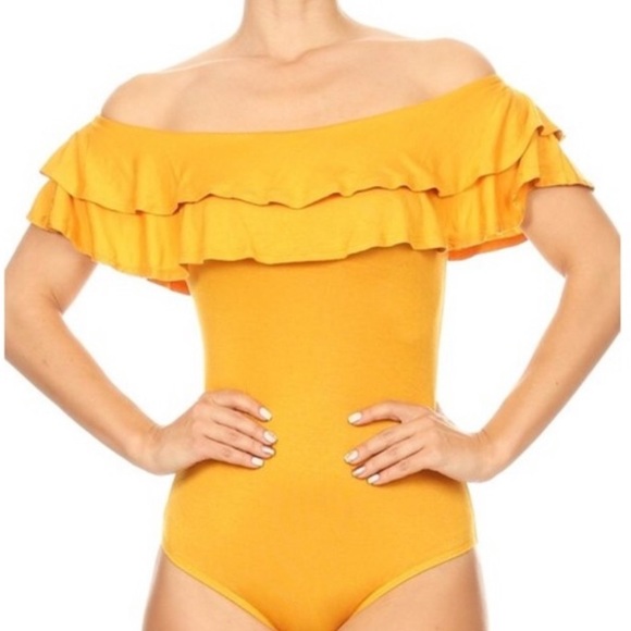 🆕🔆Golden Yellow Off Shoulder Ruffle Bodysuit!🔆 - Picture 2 of 8